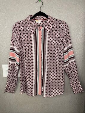 Boden Placement Print Shirt Pink Geometric Stripe Button Front Blouse Size 4